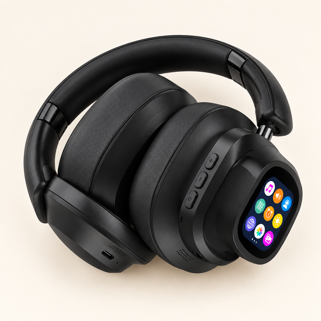 Auriculares negros plegables presentados sobre fondo claro