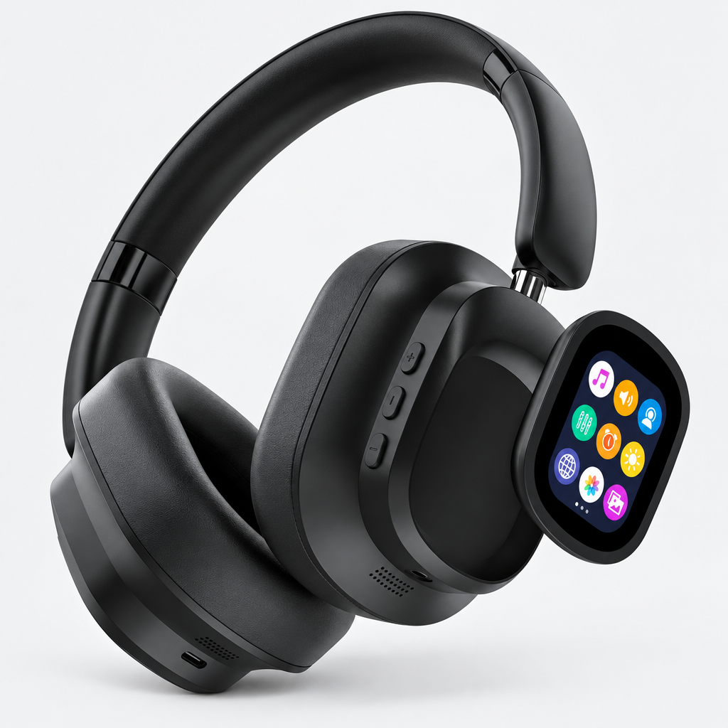 Vista lateral de los auriculares inalámbricos negros con pantalla táctil